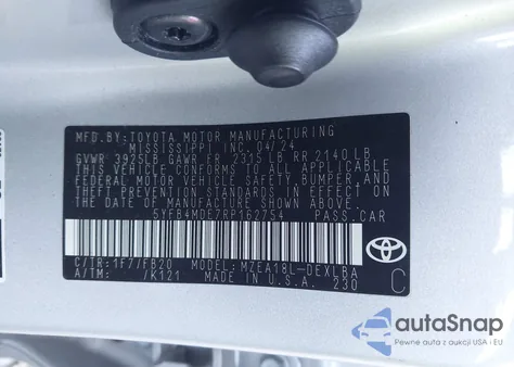 2024 Toyota Corolla Le z USA, uszkodzony, nr VIN 5YFB4MDE7RP162754